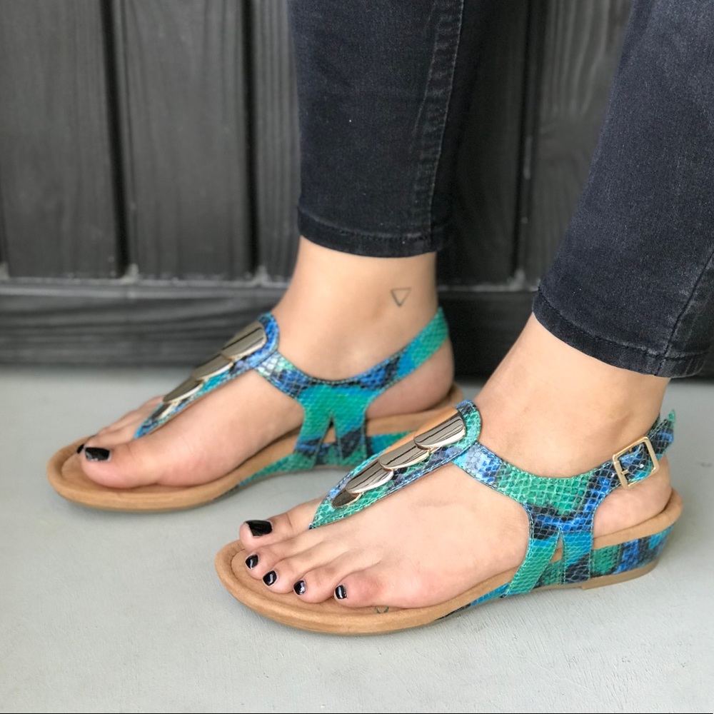 Snake Leather Metal Accent Kitten Wedge Sandal - Picture 1 of 8